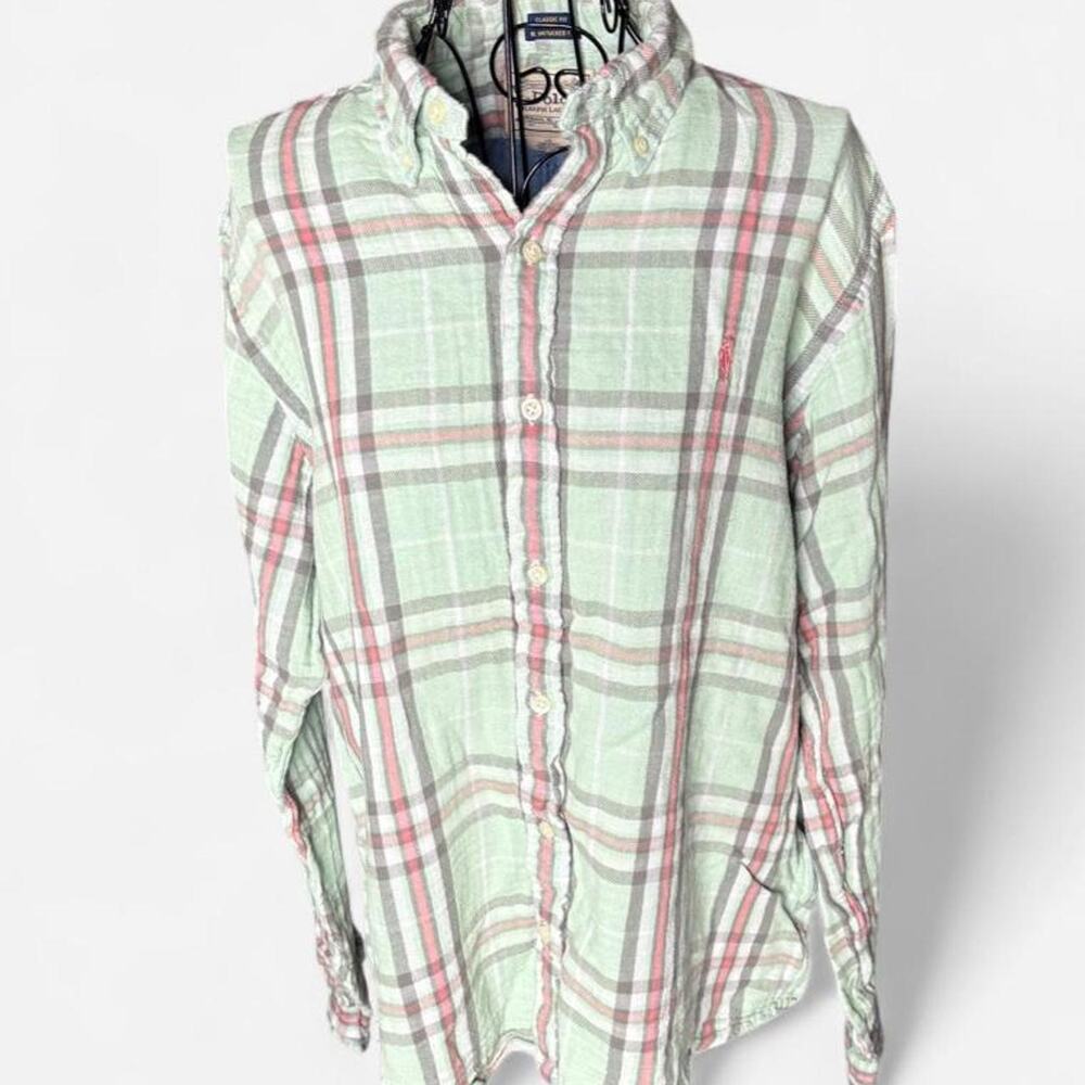 Polo Ralph Lauren Men's L Classic Fit Untucked Plaid Flannel Shirt Green Pink